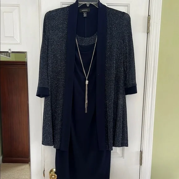 knee length dresses for ladies Long Pleated Metallic Chiffon Jacket Dress  R&M Richards